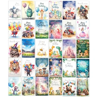 Immagine di the lazy panda card company 30 diversi biglietti di compleanno per bambini assortiti, luminosi e divertenti, con buste (bambini)