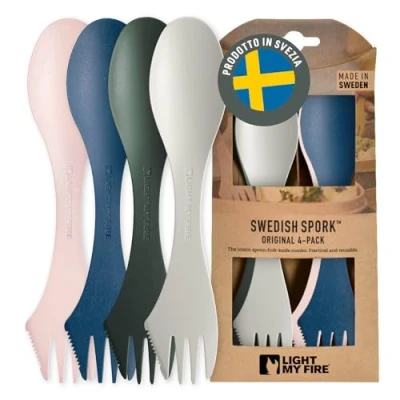 Immagine di Swedish Spork original Set Posate Viaggio Sporks da 3 in 1 Forchetta Cucchiaio Coltello Campeggio Plastica Riutilizzabili 100% Senza BPA (4 pack Meadow)