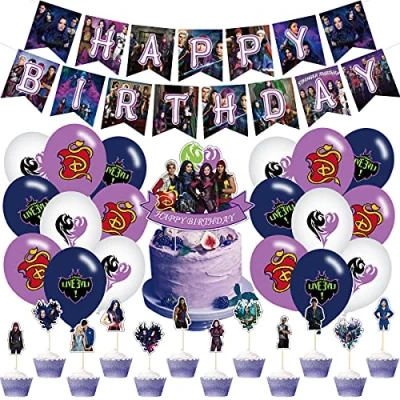 Immagine di XIAOHUANXIONG Descendants Set di decorazioni per feste compleanno bambini con striscione buon compleanno, topper torte, cupcake, palloncini