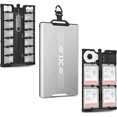 Immagine di JJC Custodia in metallo per schede di memoria pop up, ultra sottile, 12 micro SD, TF, MSD + 4 SD 2 Nano SIM, con moschettone a testa piatta, adattatore strumento rimozione e