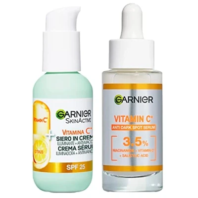 Immagine di Garnier Siero Viso Anti Macchie con Vitamina C e Acido Salicilico Effetto Illuminante Levigante 30ml + in Crema SPF 25, 50ml 2 Prodotti