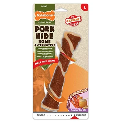 Immagine di Nylabone Masticabile E Giocattolo per L&#039;Igiene Dentale di Cani Potenti Masticatori, in Pelle Maiale, al Sapore Pancetta Burro Arachidi, Adulti Fino a 23 kg 23.000g