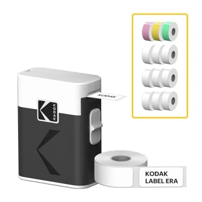 Immagine di KODAK Label Era M50 Maker Machine Bundle, bianco (stampante con 1 rotolo adesivo + 12 rotoli, 9 rosa/verde/giallo ciascuno)