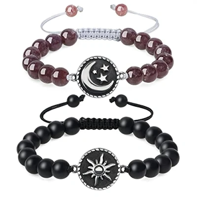 Immagine di COAI Coppia di Bracciali della Distanza per Lui e Lei in Onice Opaco Lepidolite con Amuleto Sole Luna