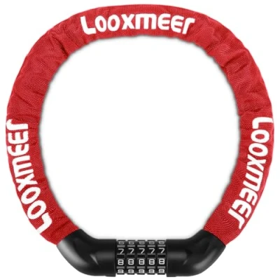 Immagine di Looxmeer Lucchetto Bici Catena, Bicicletta Antifurto a Combinazione 5 Cifre, Cilindro di Bloccaggio in Lega Zinco, Rinforzato Resistente al Taglio per Biciclette, Motocicli, Cancelli, Rosso