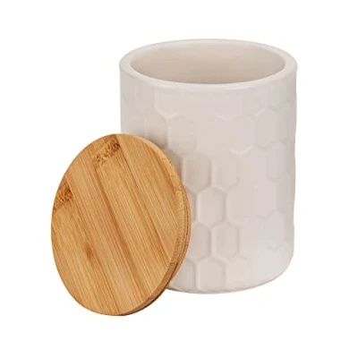 Immagine di Wenko Barattolo Maya di Ceramica qualità Bianca a Nido d’api, Lavabile in lavastoviglie con Coperchio ermetico bambù Certificato FSC®, 400 ml, Ø 9,5 x 12 cm