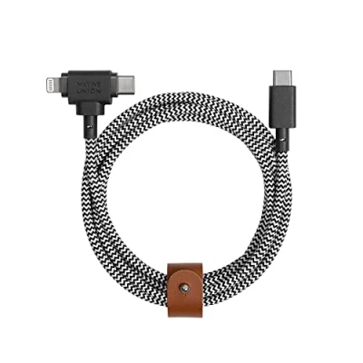 Immagine di Native Union Belt Cable Duo Cavo di Ricarica Intrecciato Universale Ultra Resistente 1,5 M Materiali Riciclati Connettore 2 in 1 Certificato MFi per Dispositivi Lightning e USB C (Zebra)