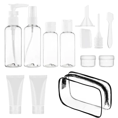Immagine di Kit viaggio aereo, 13 Pezzi contenitori da per liquidi bottiglie in Silicone, flaconi ricaricabili lozione shampoo balsamo (Trasparente)