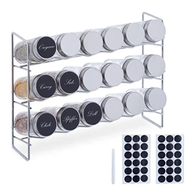 Immagine di Relaxdays Portaspezie con 18 Barattoli in Vetro per Spezie, Spice Rack 36 Etichette, HLP: 22x29x9,5 cm, Argentato, Acciaio Inossidabile
