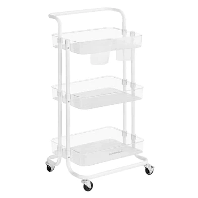 Immagine di SONGMICS Carrello Scorrevole, Trolley a 3 Livelli, di Servizio con Manico e 2 Piccoli Organizzatori, Struttura in Acciaio, per Bagno Lavanderia, Bianco Trasparente BSC067W03