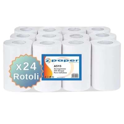 Immagine di ZPAPER 24 Rotoli Asciugamani carta Pura Cellulosa, 200 Strappi a Rotolo, 2 Veli, Anima Spirale, confezionati. Rotoloni Asciugatutto Bobine