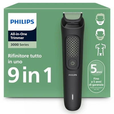 Immagine di Rifinitore Philips Multigroom serie 3000 tutto in uno 9 1 per barba, capelli e corpo, lame autoaffilanti delicate sulla pelle, 12 impostazioni di lunghezza, Modello MG3946/15