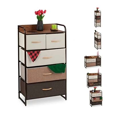 Immagine di Relaxdays Mobiletto con Cassetti, 5 Tiretti Pieghevoli in Tessuto, Ripiano, HLP 100 x 58 31,5 cm, Marrone