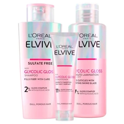 Immagine di L&#039;Oréal Paris Elvive Glycolic Gloss Balsamo da 150ml + Shampoo 200ml Trattamento Laminazione 5 Minuti Set per Capelli Spenti e Porosi Lucentezza Intensa Duratura 3 Flaconi