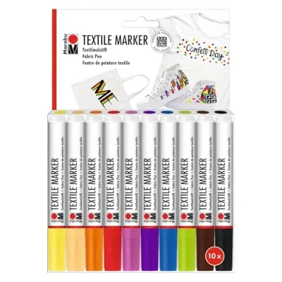 Immagine di Marabu Textile Marker, Set di 10 pennarelli per Tessuti Chiari, con Punta da 3 mm, Colori a Base d&#039;Acqua, Lavabili in Lavatrice Fino 60C Dopo Il Fissaggio, 0115000000200