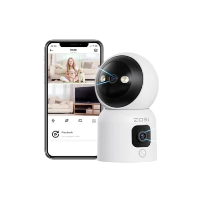 Immagine di ZOSI Telecamera WiFi Interno con Doppia Lente 3MP+3MP, PTZ 360Tracciamento Automatico, Rilevamento Umano e Audio Bi direzionale, Visione Notturna a Colori, 2.4G/5G, Funziona Alexa, C528