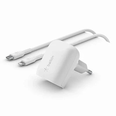 Immagine di Belkin Caricabatteria da Parete Rapido USB Type C Power Delivery con Cavo C/Lightning, Certificato Pd 3.1 Pps, per iPhone 14, Pro, Max, Plus, Galaxy, Pixel Ecc, 20W Bianco
