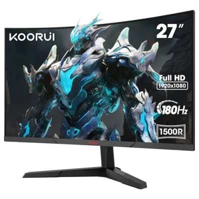 Immagine di KOORUI Curvo Monitor Gaming 27 Pollici,1920x1080 (FHD), 180Hz Mornitor, 1ms Tempo di risposta, Pannello ultra Sottile, Inclinazione Regolabile, Supporta HDMI2.0/DP1.2
