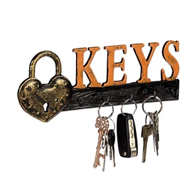Immagine di Relaxdays Appendi Chiavi da Parete, 5 Ganci, Lucchetto e Scritta “Keys, in Ghisa, Vintage, 10x26x3 cm, Arancione/Nero