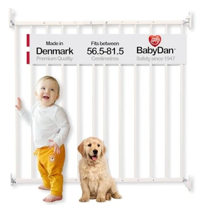 Immagine di BabyDan Ebeltoft Cancelletto di sicurezza per bambini, aperture strette (56,5 81,5 cm), montaggio a parete, neonati e animali domestici, regolabile resistente, bianco, in metallo