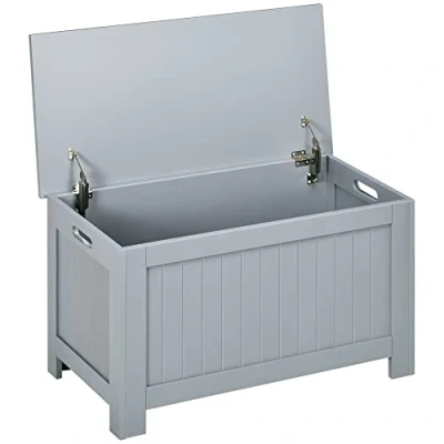 Immagine di HOMCOM Scatola portaoggetti con cerniere di sicurezza portagiochi in legno coperchio a cerniera 81L x 40L 46H cm grigio