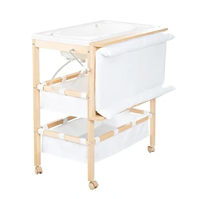 Immagine di roba Fasciatoio per Bambini e Neonati + Vasca 2 in 1 Baby Pool con Materasso Bianco Girevole sul Lato, Salvaspazio, Scomparti Tessuto, Legno Naturale