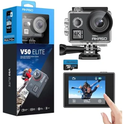 Immagine di AKASO V50 Elite Action Cam con Scheda di Memoria MicroSDXC da 64GB 4K/60FPS 20MP WiFi, Fotocamera Subacquea 40M Impermeabile Touch Screen, Comandi Vocali, 8xZoom