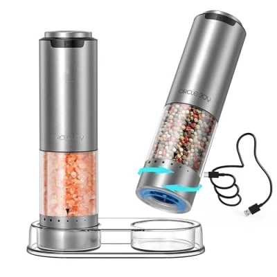 Immagine di CIRCLE JOY Set Macina Sale e Pepe Elettrici Ricaricabili Macinaspezie in Acciaio Inossidabile con Base, Contenitore Trasparente Lavabile da 95ml, Luce LED Bianca Ruvidità Regolabile Esterna, Argento