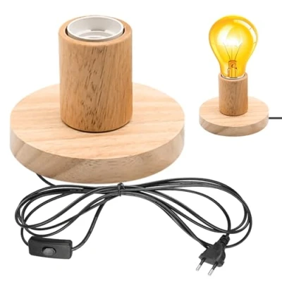 Immagine di GBKDQQ lampada da scrivania portalampada E27 con interruttore cavo, tavolo in legno e plastica, base EU Plug E27, perfetta per camera letto, soggiorno, ufficio (senza
