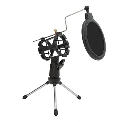 Immagine di Supporto per Microfono da Scrivania Pieghevole, Tavolo Anti Vibrazione Treppiede con Filtro Antivento Studio