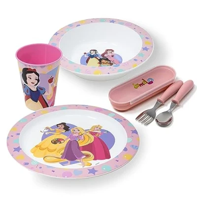 Immagine di damaloo Principesse Set Stoviglie Bambini Piatto, Ciotola, Tazza e Posate Bambini, Pappa Bimbo per Colazione, Pranzo Cena, Riutilizzabile Senza BPA
