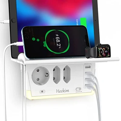 Immagine di Presa Multipla, Multipla USB con Luce Notturna a Sensore e Supporto, Prese Multiple Elettriche 1 Schuko 2 Prese, 4 USB, Interruttori Indipendenti 2400W/10A