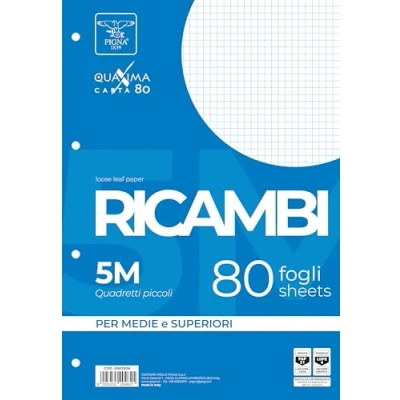 Immagine di Pigna 00629065M, Ricambio non rinforzato, Rigatura 5M, quadretti 5 mm per 2 e 3 elementare, Carta 80g/mq, Pacco da 80 Fogli