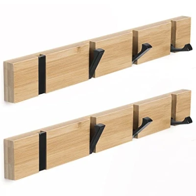 Immagine di ANVODE Appendiabiti da Parete con 4 Ganci Retrattili Appendi Abiti per Muro in Legno Appendere Cappotti Sciarpe Confezione 2