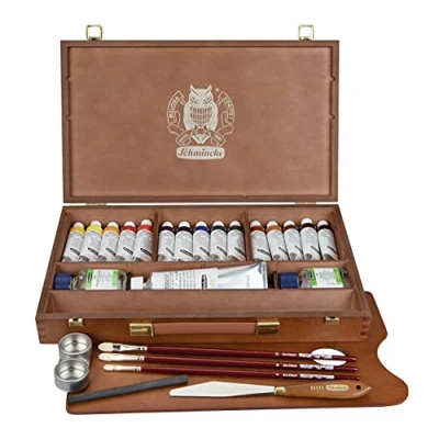 Immagine di Schmincke MUSSINI® colori ad olio e resina sopraffini. Confezione premium in legno, set da 15 x 35 ml, 70 615 097, accessori: bianco 150 trementina, tappo per tavolozza, 3 pennelli daVinci