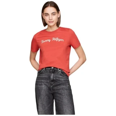 Immagine di Tommy Hilfiger REG Script CNK SS Tshirt con stampa, Donna, Taglia: XS, Terra red