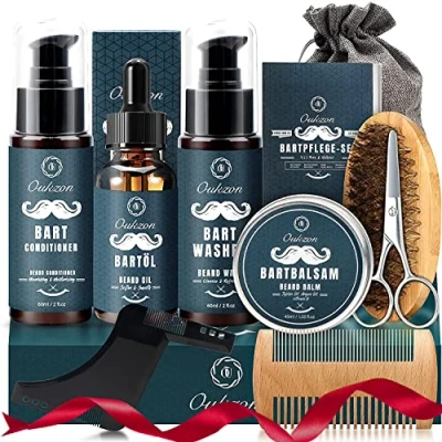 Immagine di Kit Barba per Uomo, 10 in 1 Set Regalo Cura della Uomo Completo Professionale Marito Papà con Shampoo Barba, balsamo, Olio, Crema, Pettine, Spazzola, Forbici, Modello e Sacca Viaggio