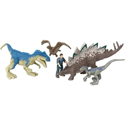 Immagine di Mattel Jurassic World Dominion Chaotic cargo confezione da 5 mini personaggi, 1 umano e 4 dinosauri giocattoli in a tema camion