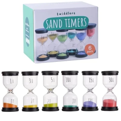Immagine di THE TWIDDLERS 6 Clessidre a Sabia, Colori da 1, 3, 5, 10, 15, 30 Minuti Clessidra Ideale per Bambini Vari Orari