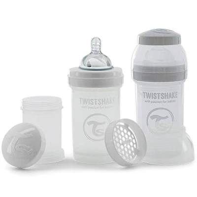 Immagine di Twistshake 2x Biberon Anticolica Con Contenitore Per Il Latte In Polvere E Miscelatore 180ml, Capezzolo Silicone A Flusso Lento, Senza BPA, 0+ Mesi, Bianco