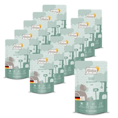 Immagine di MjAMjAM cibo umido premium per gatti Quetschie insetto con vitello eccellente, confezione da 12 (12 x 125 g), senza cereali proteine ​​di insetti