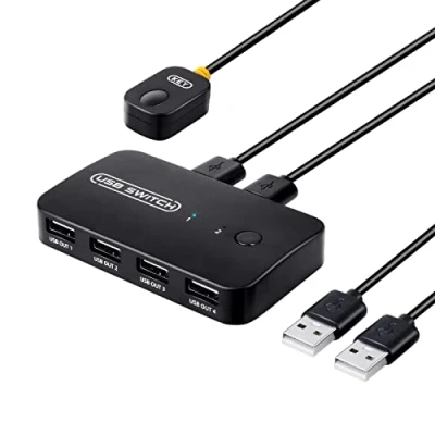Immagine di USB Switch 4 Porte per 2 PC, Commutatore Ingressi Uscite Mouse, Tastiera, Scanner, Stampante, Hard Drive con Cavi 1,5M e Telecomando
