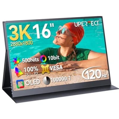 Immagine di UPERFECT OLED Monitor Portatile 16 &#039;&#039;, 3K 2880x1800 120Hz Portable Gaming Monitor, 500 Nits 100% DCI P3 10 Bit 100000:1 Contrast 1ms Schermo per Laptop Mini PC Phone Game Consoles