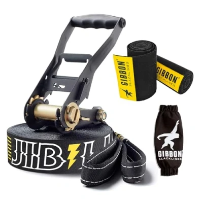 Immagine di Gibbon Slacklines Jibline con Treewear, Nero, 15 Metri (Nastro da 12,5 M + Cinturino 2,5 m), Inclusa Protezione a cricchetto e Back, Larghezza 2&quot;/ 5 cm, Arrampicata Nessun Genere, Black,