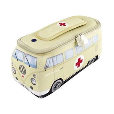 Immagine di BRISA VW Collection Volkswagen Beauty case da viaggio in Neoprene, porta oggetti con manico, Campervan Bus T1 design (Ambulance/Beige) (Piccolo (23 x 11 8 cm))