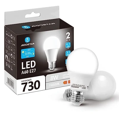 Immagine di Aigostar Lampadina LED Sensore Crepuscolare, E27 Con Sensore, 8W Luce Bianca 6500 Kelvin, 730 lumen, per Veranda Giardino Porta d&#039;ingresso Corridoio. Pacco da 2 unità