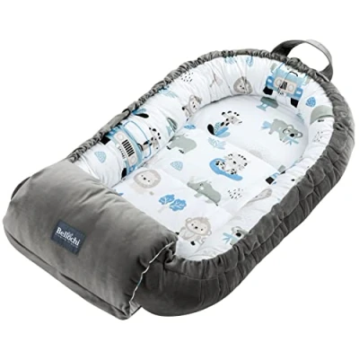 Immagine di Bellochi Riduttore Lettino per Neonato Culla con Cuscino Braccio Cotone e Velluto Cocoon a Baby Nest 90 x 60 cm Safari
