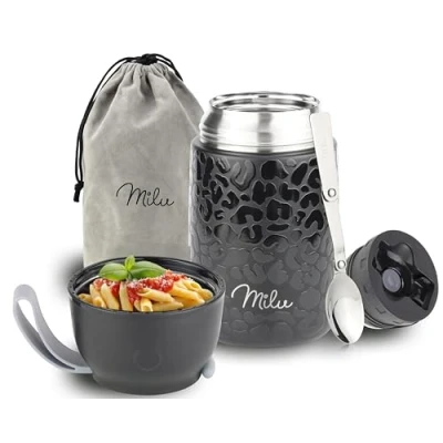 Immagine di Milu Thermo per Alimenti 650 ml Contenitore Termico di Acciaio Inossidabile, Isotermico Sottovuoto Cibi Caldi e Freddi (Black Leopard, 650ml)