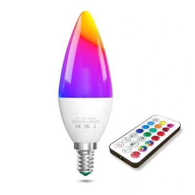 Immagine di TobeBright 1X E14 Lampadina LED Cambia Colore, 3W RGB con Telecomando Dimmerabile Bianco Freddo 6000K + Lampadine Colorate, 40W Equivalente, Funzione Memoria e Timing