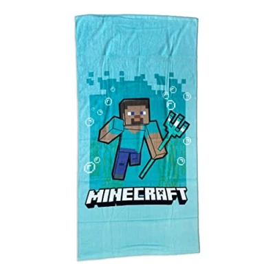 Immagine di Telo Mare Minecraft Grande 70x140 centimetri 100% Cotone Modello Steve Tridente. Asciugamano Piscina Ufficiale